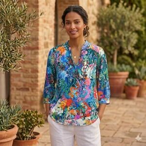 Amanda Uprichard‎ Silk Tunic Top Womens XS P Blue Pink Floral V Neck 3/4 Sleeve